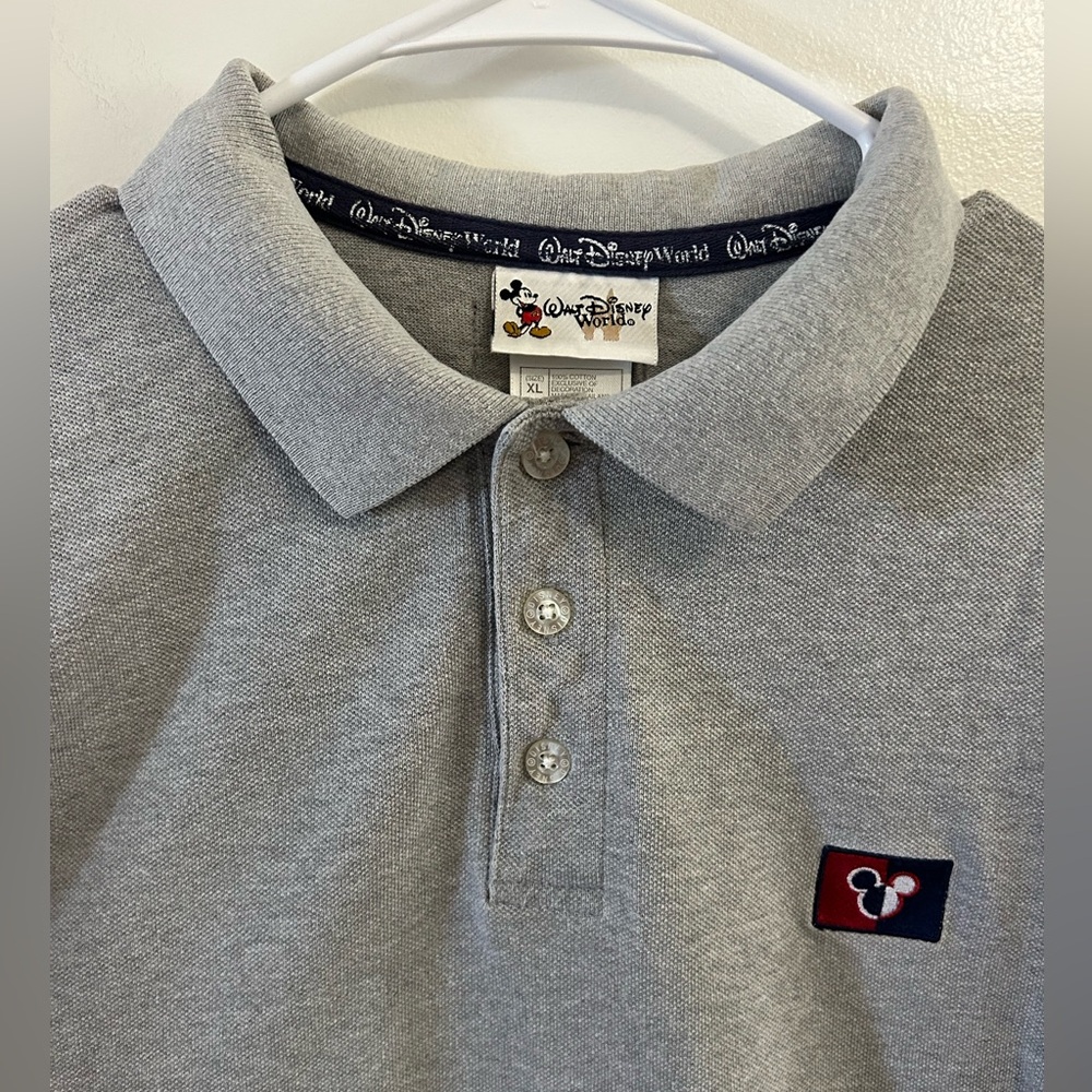 Vintage Walt Disney World Polo Shirt Mens Medium Gray Logo  Mickey Mouse Blue